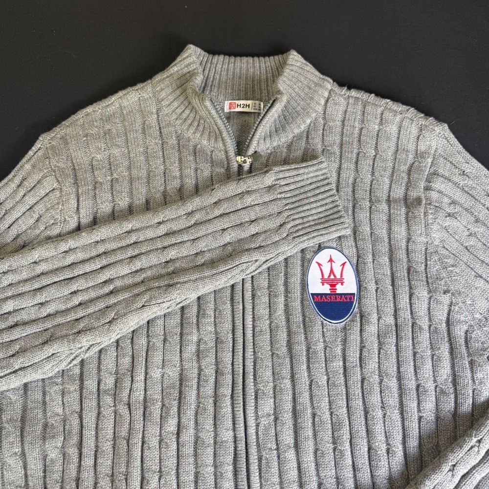 H2H Mens Maserati Logo Cable Knit Full Zip Cardigan Sweater Grey 2XL Mock Neck